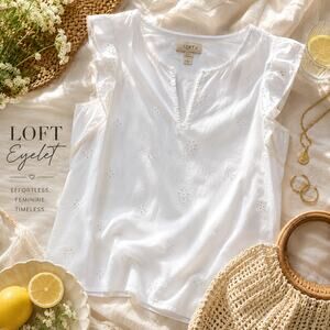 Title: LOFT White Eyelet Flutter Sleeve Blouse Small Cottagecore Boho Summer Top